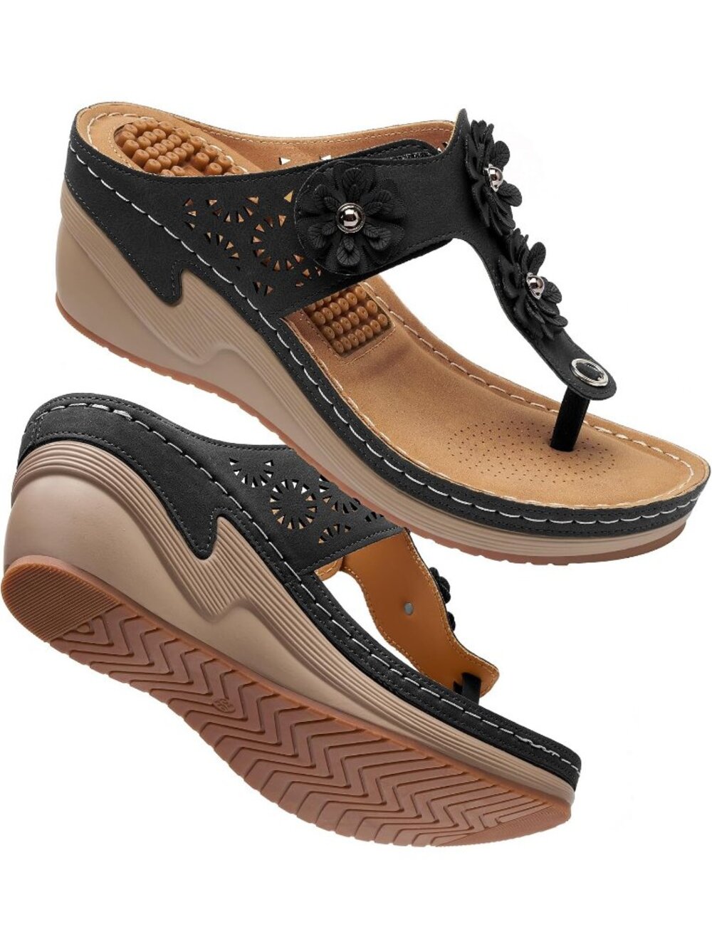 Women's Black Adjustable Strap Casual Platform Flip Flops Heels Wedge Sandals